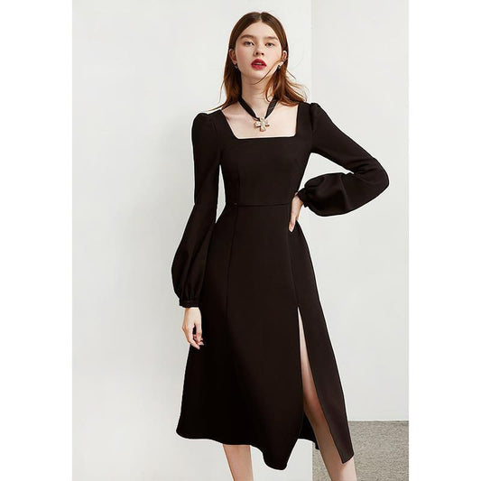 flowersverse Black Retro Split Dress Women Elegant Midi Designer Dress Female Long Sleeve Hepburn Style Chiffon Vintage Dress Fall  Women K105