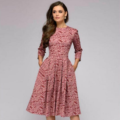 flowersverse Vintage Pleated Tunic Print Dress Women Elegant Ladies A Line Dresses Long Sleeve Female Autumn Mixi Party Dress Vestidos