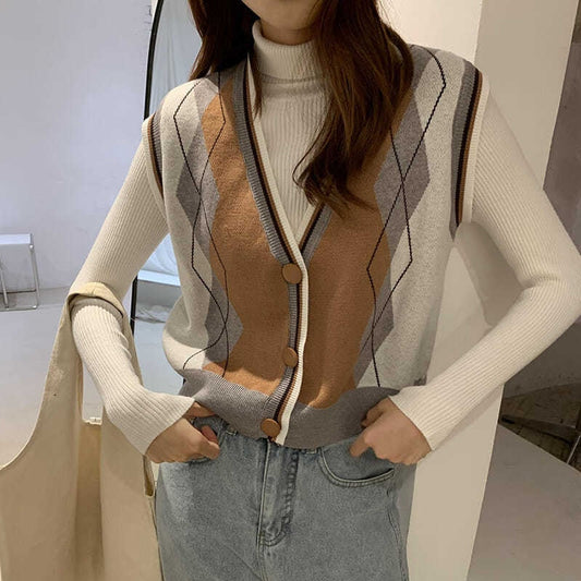 flowersverse Autumn Women's Brown Vest Coats Fashion V-Neck Single Breasted Design Sleeveless Cardigans Argyle Matching Colors Waistcoat Lady