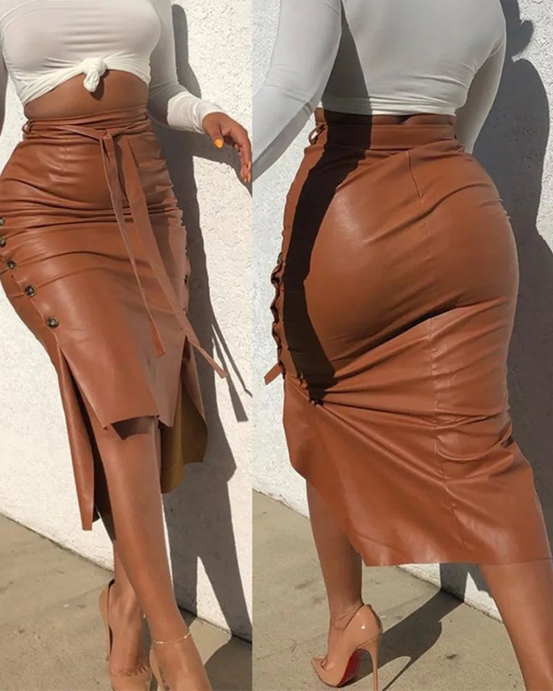 flowersverse-Women Trendy PU Leather Midi Skirt Solid Color High Waist Lace-Up Side Button Ladies Slim Skinny Pencil Skirt Streetwear