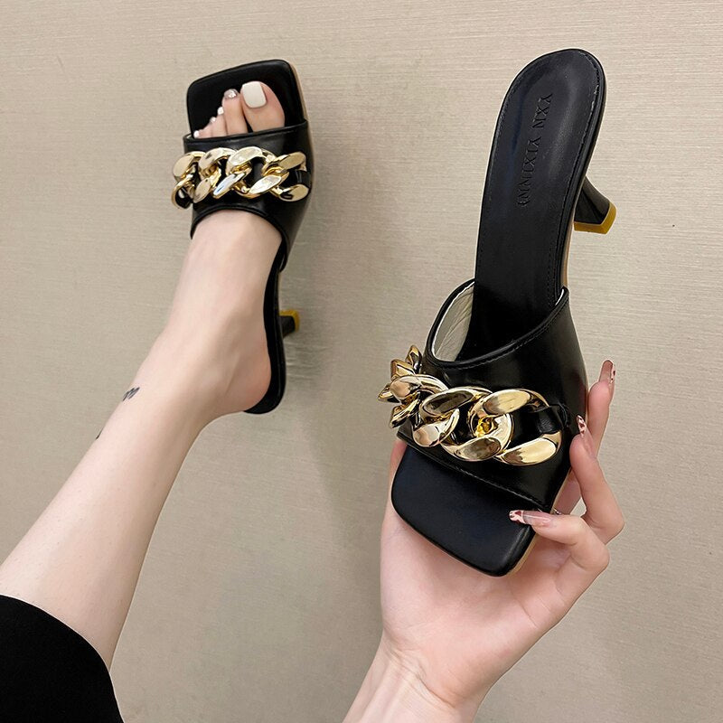 Amzae  Summer Women's Slippers Women Sandals 6cm Heels Shoes Female Golden Metal Chain Ladies Slipper Fashion Casual Slides Mules