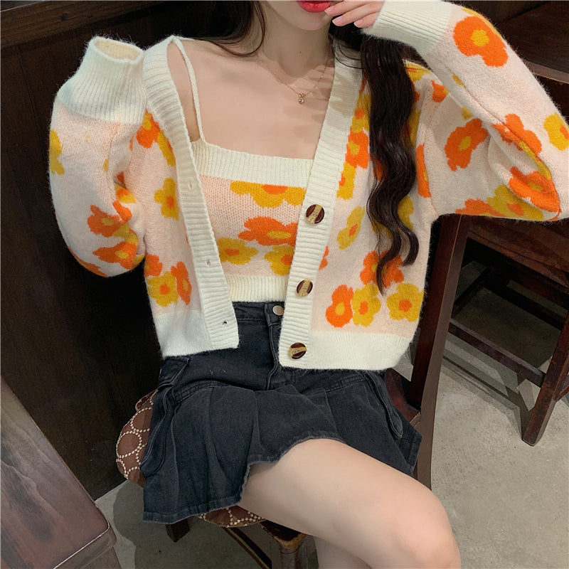 flowersverse Autumn Floral Sweet Knitting Sweater Coat Female Korean Holiday Casual Sweater Tops Sexy Two Piece Suit Knitting Tops