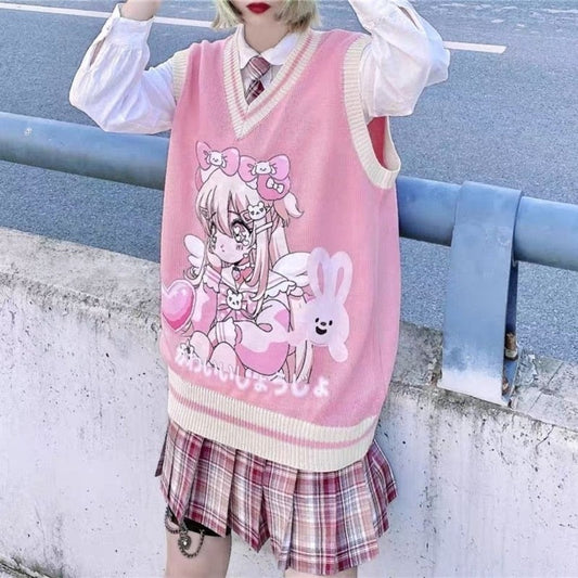 flowersverse Autumn Anime Print Sweater Vest Women Kawaii Cartoon Colorblock Knitted Tank Loose V Neck Sleeveless Sweaters Female