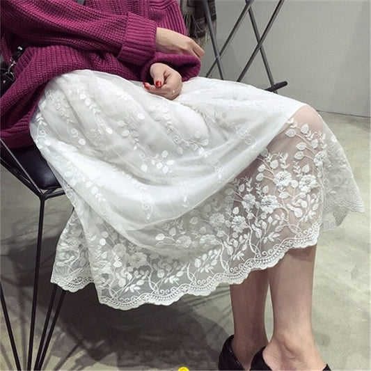 flowersverse Back to school  Women Lace Tank Dress Black & White Color Embroidery Basic Underdress Lady Large Size Loose Casual Elastic Vestido Ropa Mujer