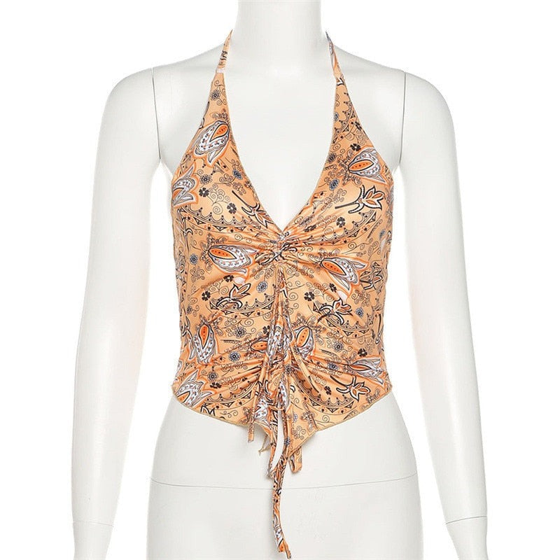 flowersverse  Women V Neck Pink Y2k Crop Top Summer Halter Backless Off Shoulder Bandage Ruched Print Red   Tank Tops Vintage