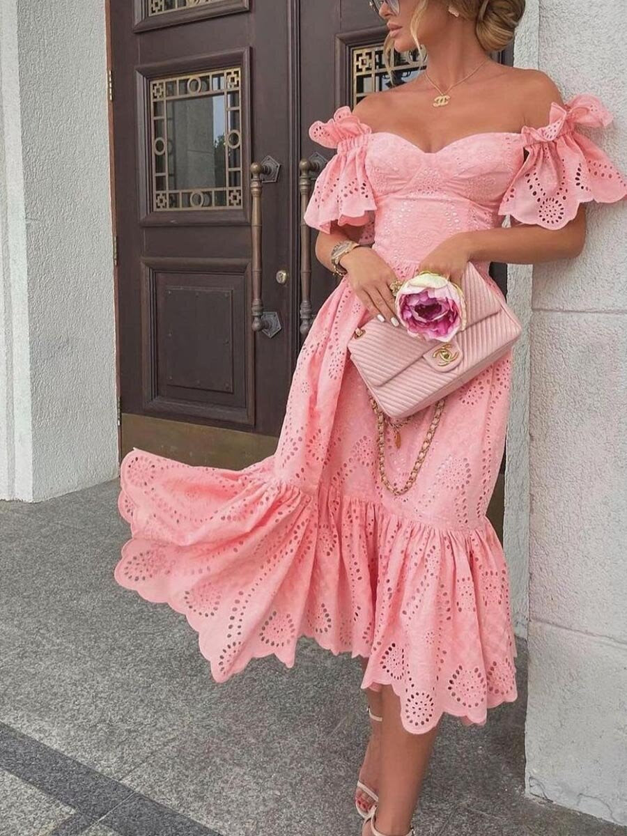 Graduation Gift Big Sale Women   Hollow Out Solid Ruffles Dress Summer Loose Lace Patchwork Casual Dress Elegant Strapless Party Dresses Vestidos