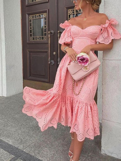 Graduation Gift Big Sale Women   Hollow Out Solid Ruffles Dress Summer Loose Lace Patchwork Casual Dress Elegant Strapless Party Dresses Vestidos