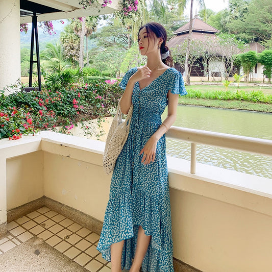 flowersverse Bella Philosophy Bohemian Printed Blue Backless Sexy Summer Floral Beach Vacation Dress Female V-neck Irregular Vestidos