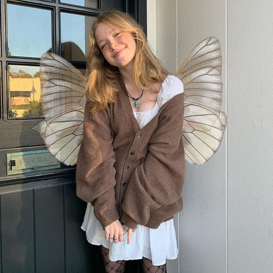 flowersverse Antumn Cardigans V-Neck Solid Color Loose Single-Breasted Cardigan Sweater Knitting Coat Sweaters Brown Women Korean Fashion