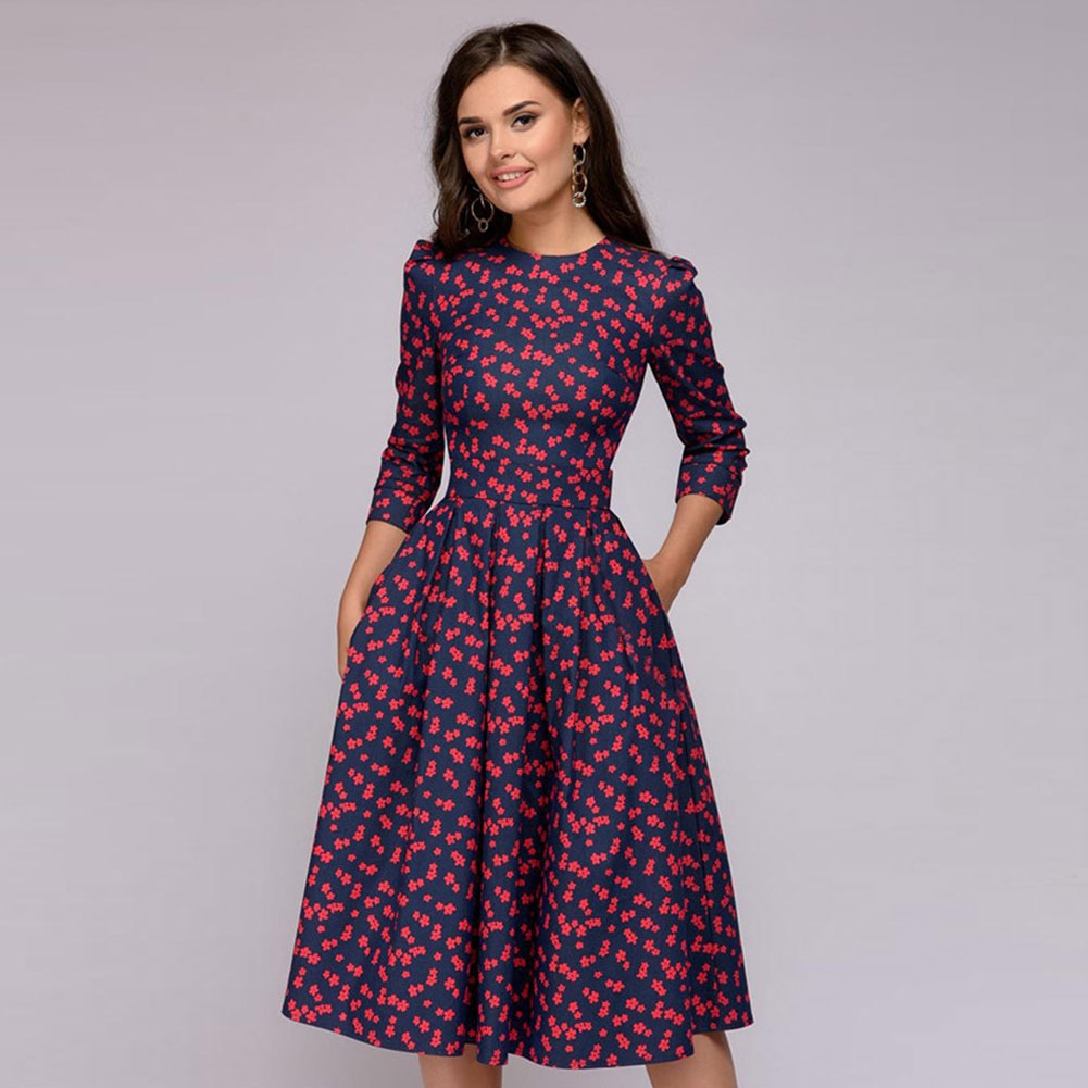 flowersverse Vintage Pleated Tunic Print Dress Women Elegant Ladies A Line Dresses Long Sleeve Female Autumn Mixi Party Dress Vestidos