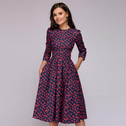 flowersverse Vintage Pleated Tunic Print Dress Women Elegant Ladies A Line Dresses Long Sleeve Female Autumn Mixi Party Dress Vestidos