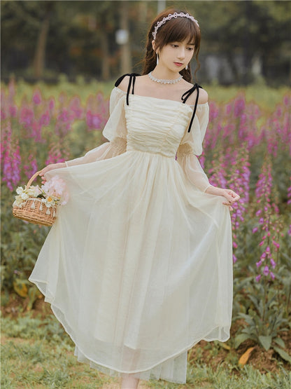 flowersverse Back to school outfit Cottage Style Chiffon Fairy Dress Women Summer Vintage Square Collar Flare Sleeve Sweet Princess Dresses For Holiday Party Night