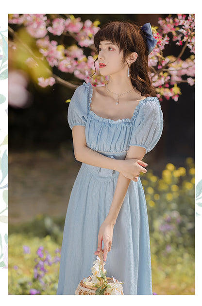 flowersverse Blue Gentle Romantic Fairy Dress Women Ruffled Square Collar Elegant High Waist Beaded Bow Sweet Cute Long Dress Summer  New