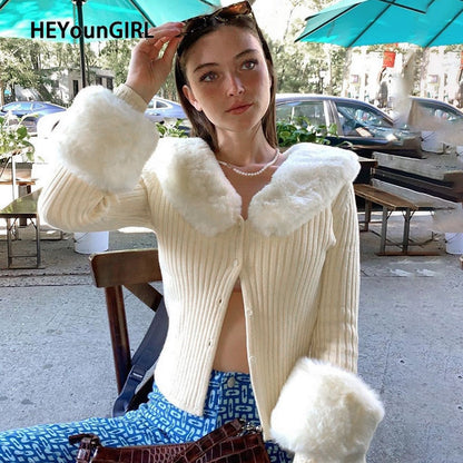 flowersverse Autumn Thin Furry Knitted Cardigan Sweater Women Vintage Elegant Chic Jumper Ladies Fashion Patchwork Knitwear Winter