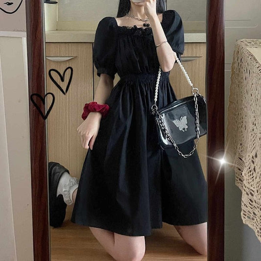 flowersverse Balck Puff Sleeve Women Dresses  Gothic Wrap Kawaii Cute Dress Goth Casual Sundress Dark Academia Clothes