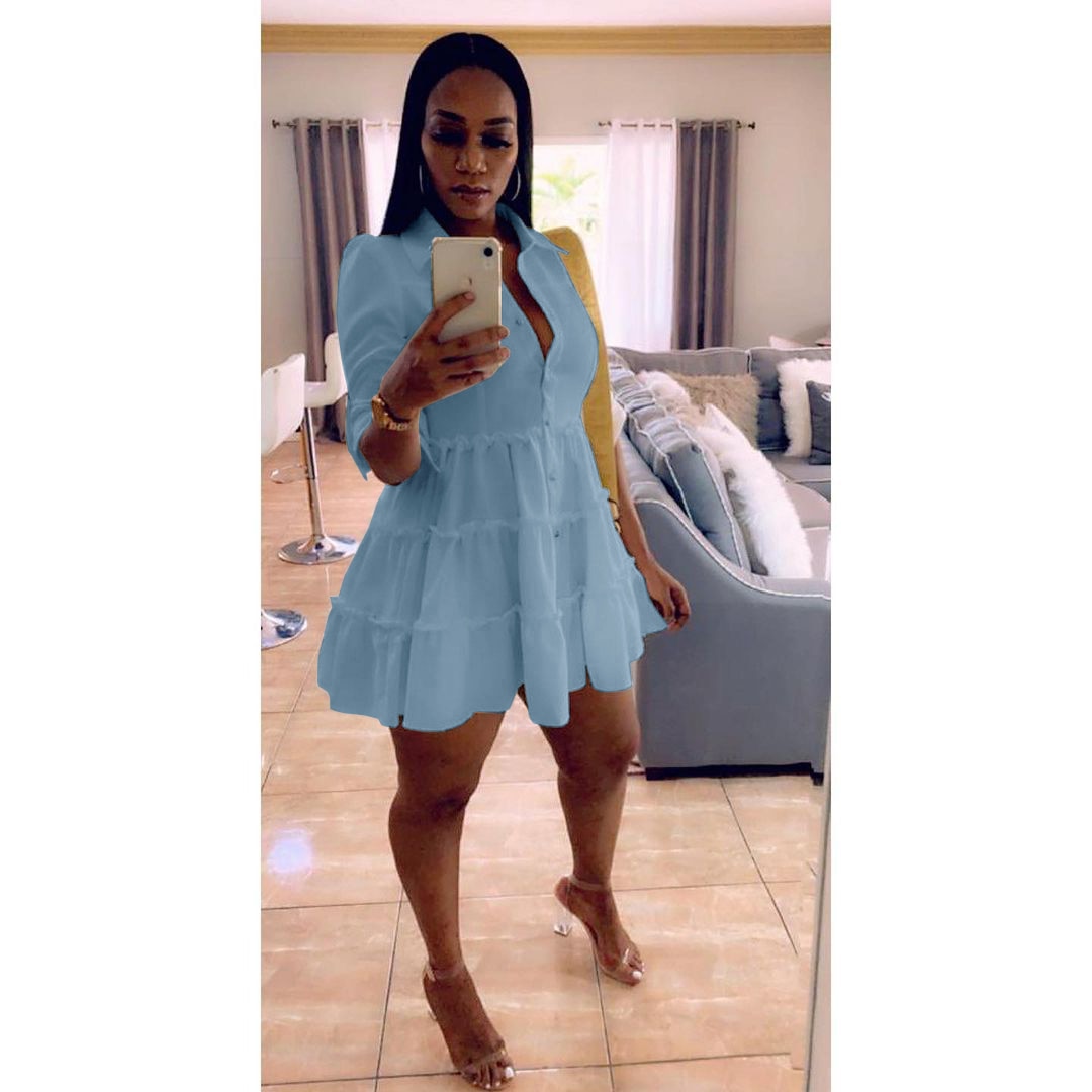flowersverse Solid Ruffles Shirt Dress Women Streetwear Half Sleeve Buttons Up High Waist Mini Dress Summer Casual Party Dresses