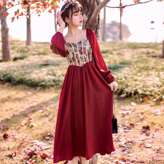flowersverse Back to school  Vintage Oil Paintings Jacquard Red Dress For Slim Lady Retro Royal Style Square Collar Puff Sleeve Princess Dresses Dating Party