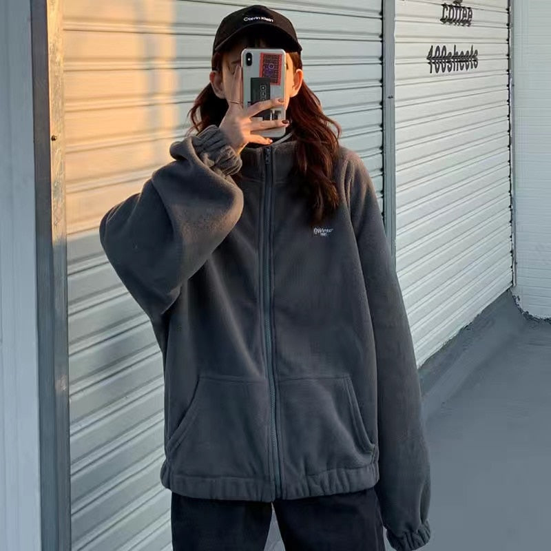 Cardigan jacket new coat female tide ins autumn and winter plus velvet thick loose student solid color sweater Korean version