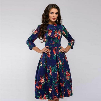 flowersverse Vintage Pleated Tunic Print Dress Women Elegant Ladies A Line Dresses Long Sleeve Female Autumn Mixi Party Dress Vestidos