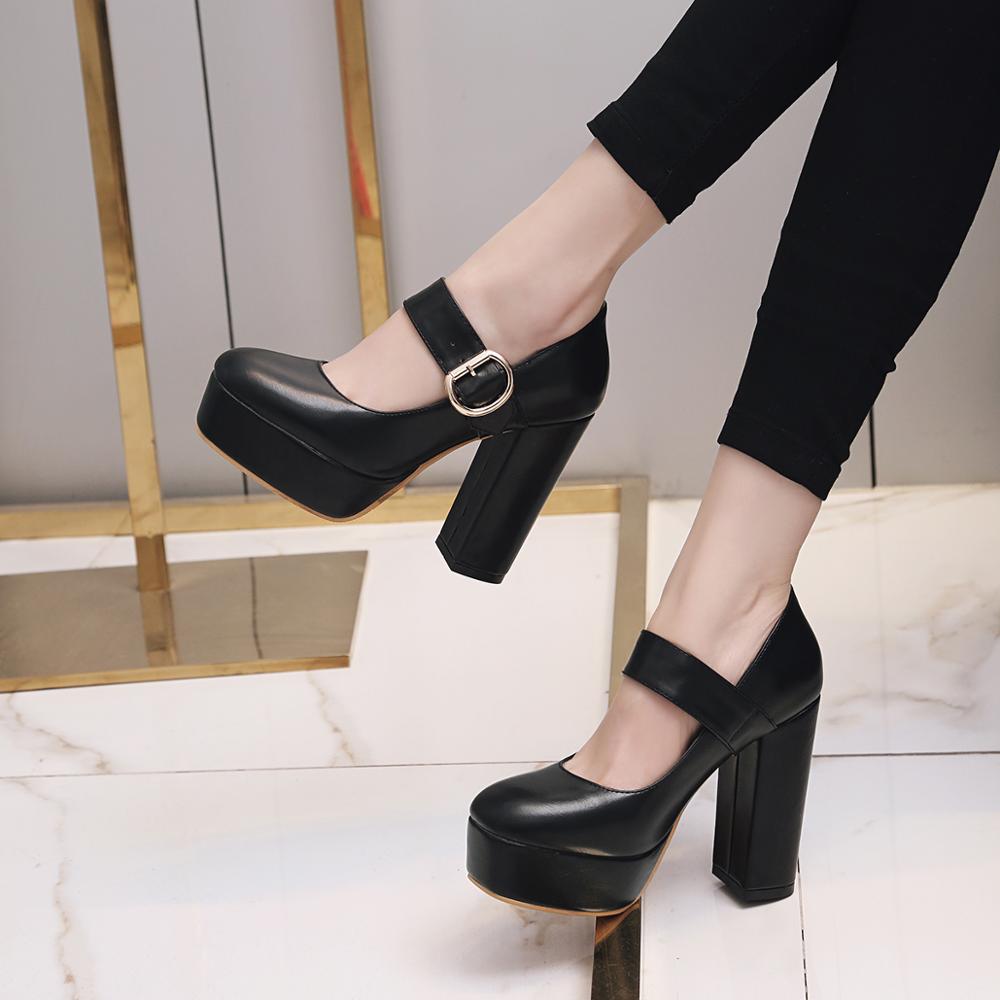 flowersverse Fashion Platform High Heels Shoes Female   Leather Black White Women's Heels Round Toe Party Pumps Women Mary Jane Shoes