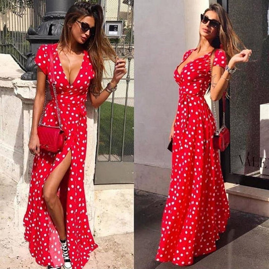 Back to school flowersverse  Women Bohemian Dots Printed Party Dress Short Sleeve V Neck Casual Dress  Ummer Fashion Split Women Long Dress