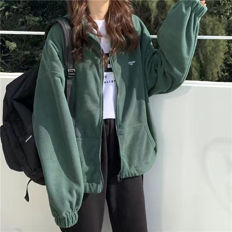 Cardigan jacket new coat female tide ins autumn and winter plus velvet thick loose student solid color sweater Korean version