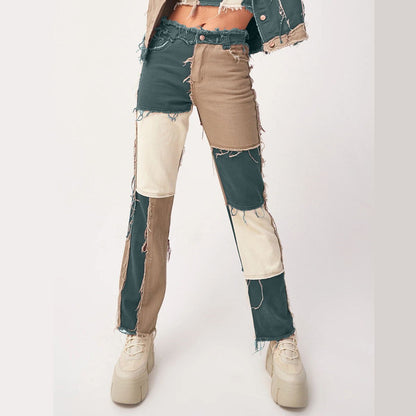 flowersverse Autumn Patchwork High Waist Straight Jeans Woman Pants Casual Denim Trousers Color Block Brown Streetwear Pants Jeans Woman