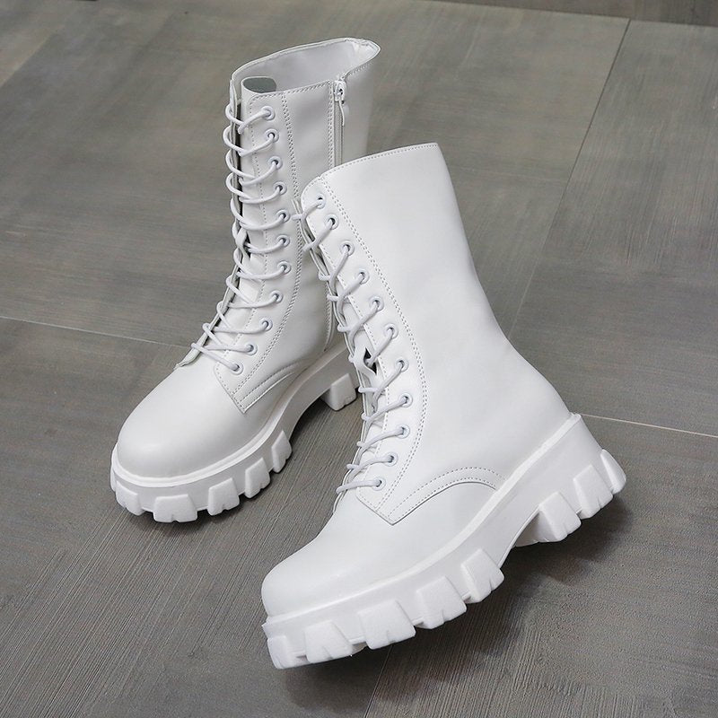 flowersverse Spring Women White Boots Autumn Fashion Black Leather Platform Gothic Boots Punk Combat Mid-Calf Boots for Women