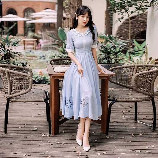 flowersverse Back to school  Summer Casual Woman Dress Soft Vintage Light Blue Embroidery Floral Hollow Out Half Sleeve Retro Midi Dresses Vestido Festa