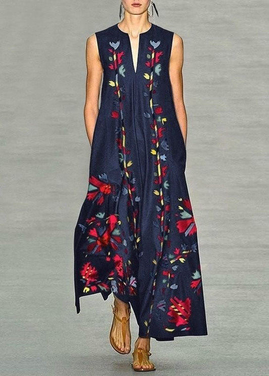 flowersverse New Navy V Neck Print Chiffon Long Dress Sleeveless LY1925