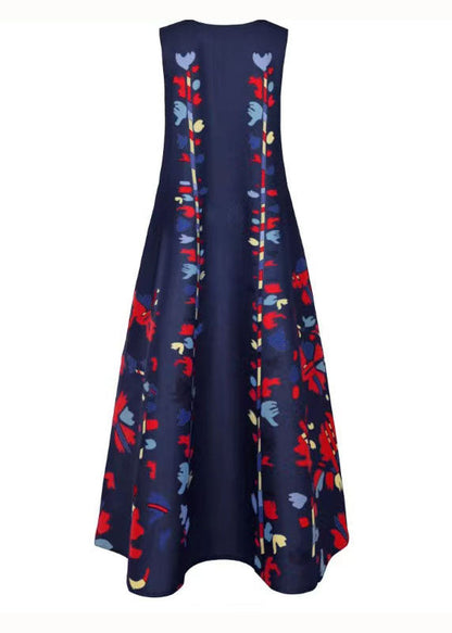 flowersverse New Navy V Neck Print Chiffon Long Dress Sleeveless LY1925