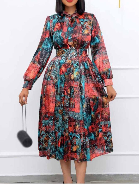 flowersverse Plus Size Tie Neck Mixd Print Belt Design A Line Dress AC2042