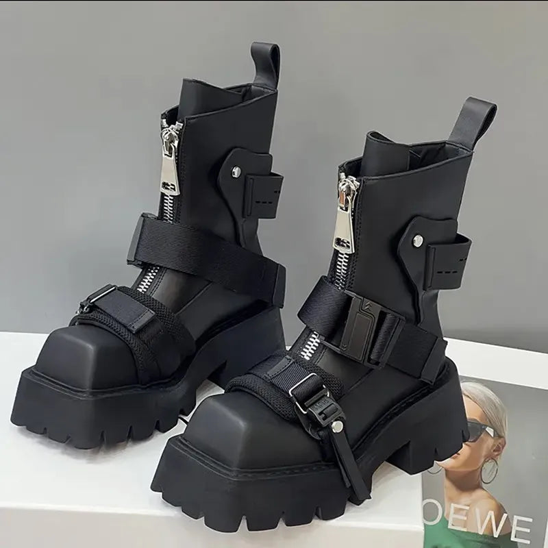 flowersverse-Genuine Leather Boots Women 2024 Tube Platform Boots Belt Buckle Design Cool Biker Botas Square Thick Bottom Head Ankle Boots