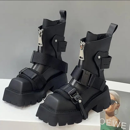 flowersverse-Genuine Leather Boots Women 2024 Tube Platform Boots Belt Buckle Design Cool Biker Botas Square Thick Bottom Head Ankle Boots