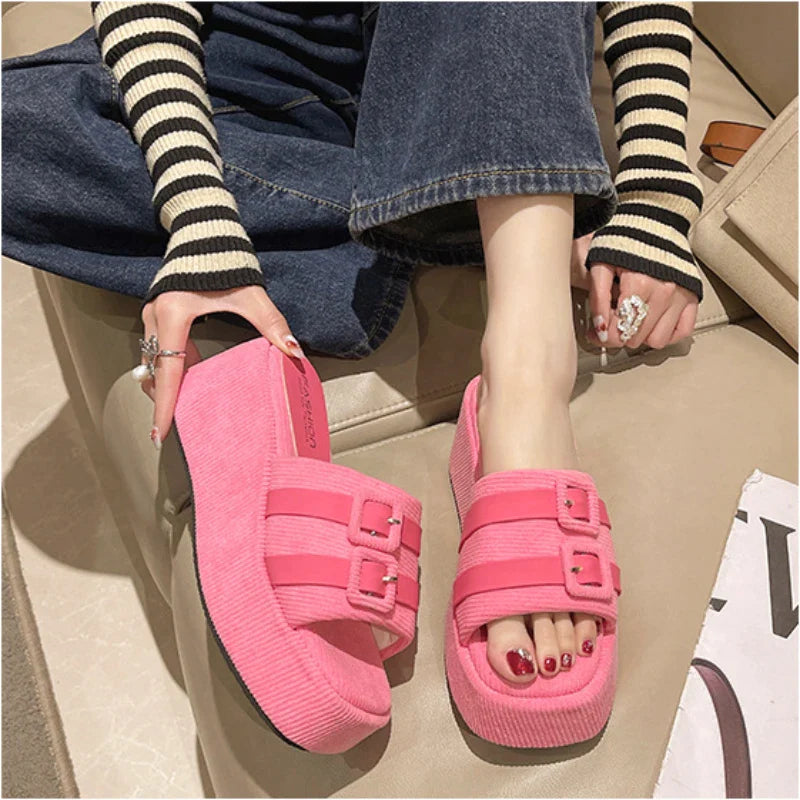 flowersverse-Square Head Platform Slippers Belt Buckles Corduroy Open-toe Women Sandals Summer New  Designer Shoes Fashion Wedge Sandals