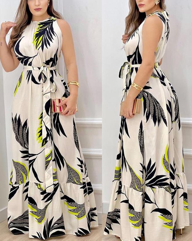 flowersverse Dresses for Women 2023 Spring Fashion Leaf Print Sleeveless Casual O-Neck Maxi Daily Vacation Dress with Belt