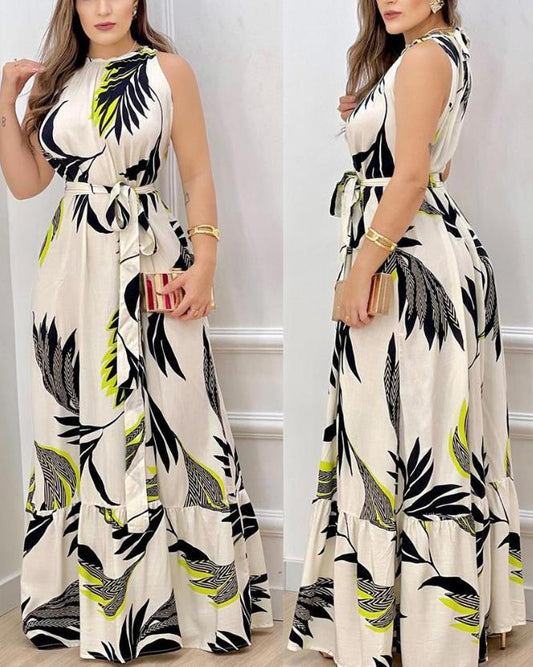 flowersverse Dresses for Women  Spring Fashion Leaf Print Sleeveless Casual O-Neck Maxi Daily Vacation Dress with Belt