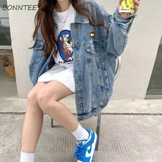 flowersverse Basic Jackets Women Streetwear Chic Fashion Casual All-Match Retro Denim Patch Design Vintage Korean Loose Sweet Spring Outwear