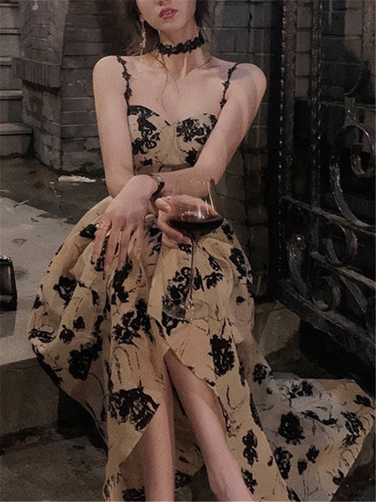 flowersverse Backless Sling Dress Women Summer  New Vintage Sleeveless Ladies Vestido Summer Retro Chic Evening Party Design Midi Dresses