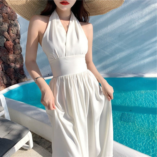 flowersverse Black White Sexy V Neck Party Evening Dress Vintage Summer Beach Vacation Long Dresses Sleeveless Bodycon Maxi Dresses For Women