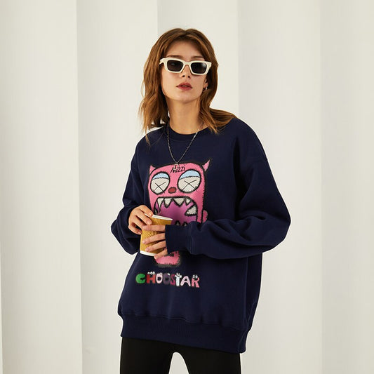 flowersverse Black White Cute Demon Harajuku Sweatshirt Korean Style Streetwear Vintage Oversize Fleece Winter Warm Crewneck Sweatshirt Women