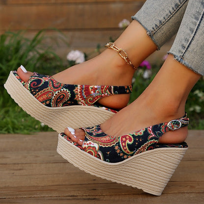 flowersverse Style Print Wedge Sandals for Women Peep Toe Chunky Platform Shoes Woman Summer Thick Bottom Gladiator Sandalias Mujer