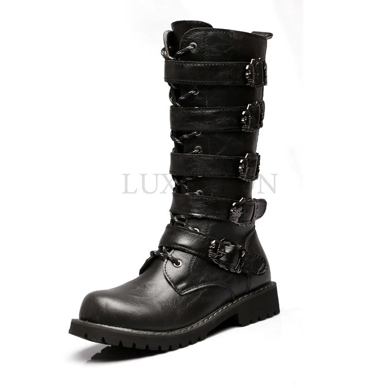 flowersverse-New Men's Leather Motorcycle Boots Military Boots Gothic Belt Punk Boots Men's Shoes Outdoor Tactical Military Boots