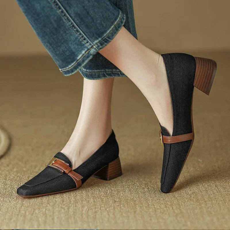 flowersverse-Retro Denim Mid-heel Loafers Women Pumps Belt Buckle Square Head Shallow Casual Women Shoes Blue Comfort Chunky Mule Shoes Women