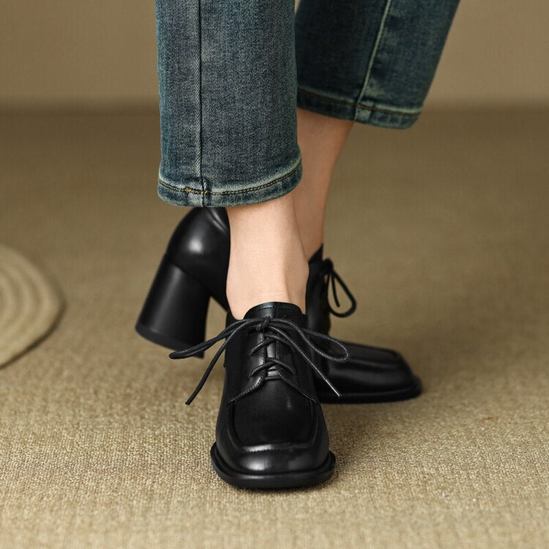 flowersverse  Spring Women Loafers Split Leather Pumps Women Round Toe Square Heel Women Shoes Casual High Heel Shoes Women Lace-up Shoes