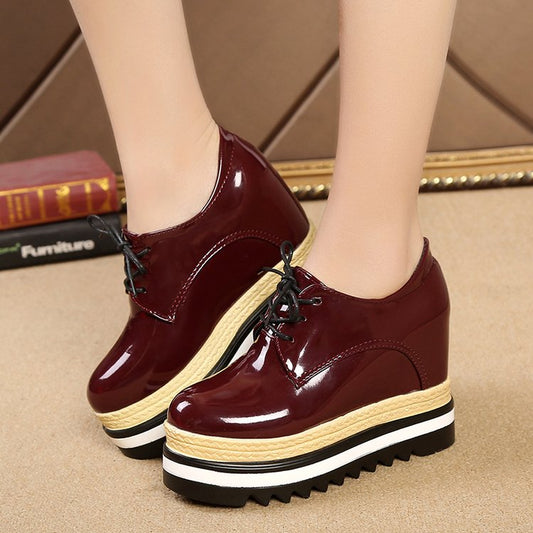 flowersverse Brand Spring Casual Solid Women Shoes Patent Leather Lace-Up Loafers Platforms Sneakers British Style Ladies Oxfords W4