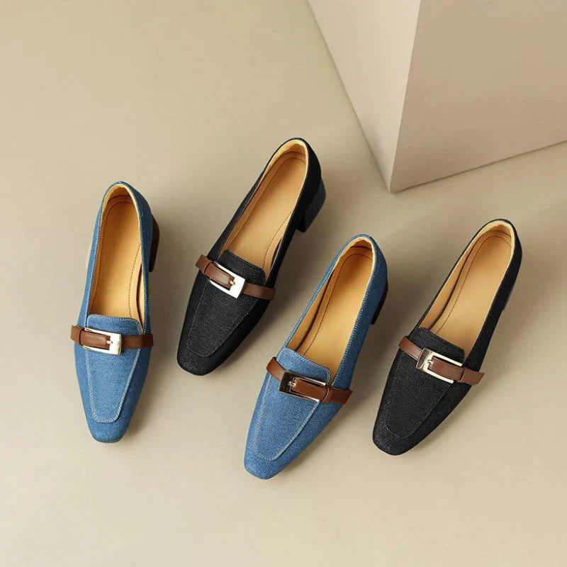 flowersverse-Retro Denim Mid-heel Loafers Women Pumps Belt Buckle Square Head Shallow Casual Women Shoes Blue Comfort Chunky Mule Shoes Women