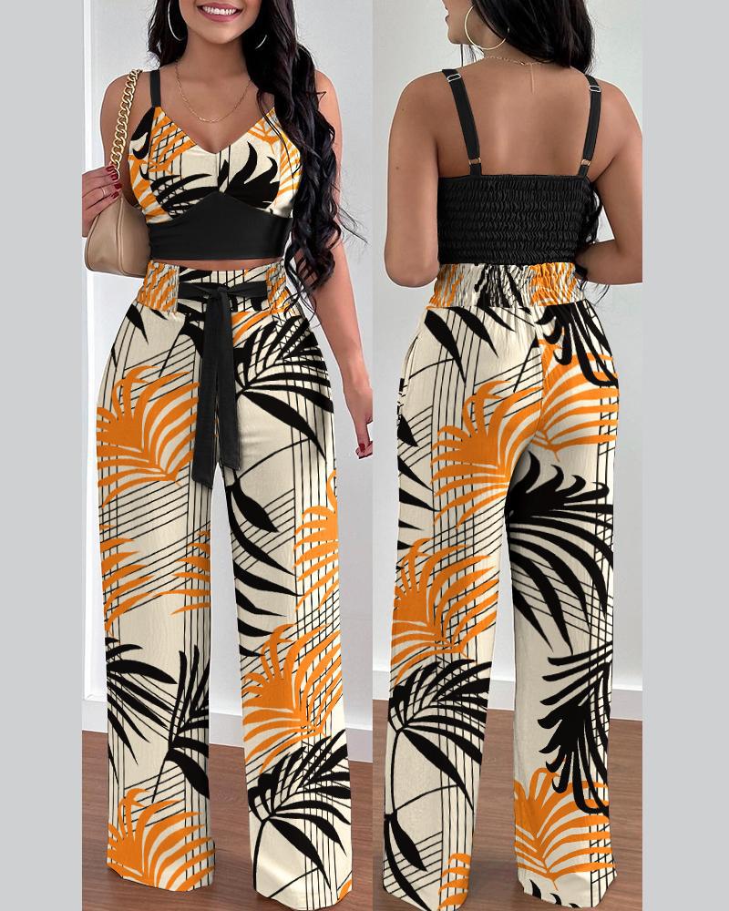 flowersverse Two Piece Sets Womens Outifits Summer Fashion Printed Suspenders V Neck Sleeveless Crop Top & Casual Wide-Leg Long Pants Set