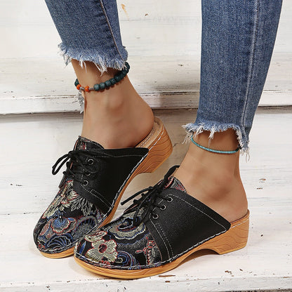 flowersverse  Retro Floral Cloth Lace Up Decor Wood Mules Clogs Comfy Low Heel Sandals Slippers Women Shoes Comfortable Casual Canvas Shoes