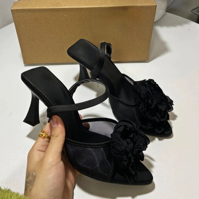 flowersverse-Flowers Slingback High Heels Women Pointed Fine Heel Sandals Women Open-toe Black Mesh Floral Party Dress Slippers Women Pumps